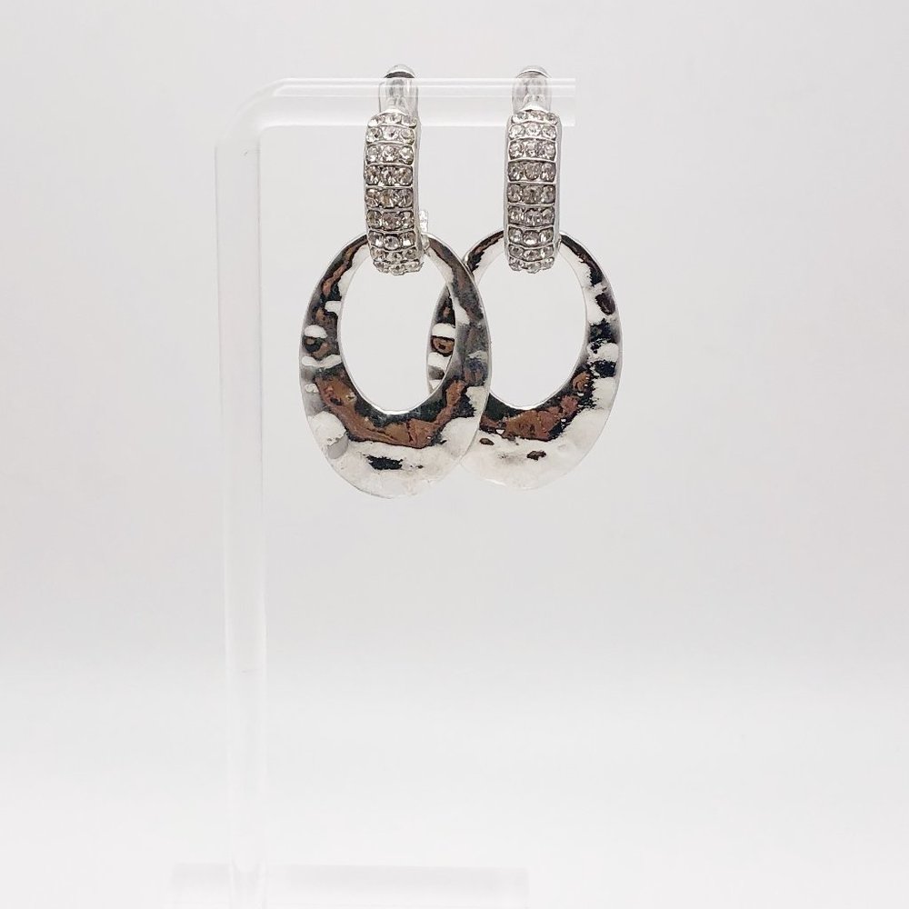 Double Hoop Hammered Silver Plated Crystal Rhinestone Dangle Drop Post E…